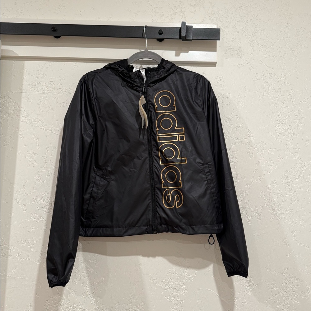 Adidas Black Cropped Windbreaker with Gold Lettering Size Small